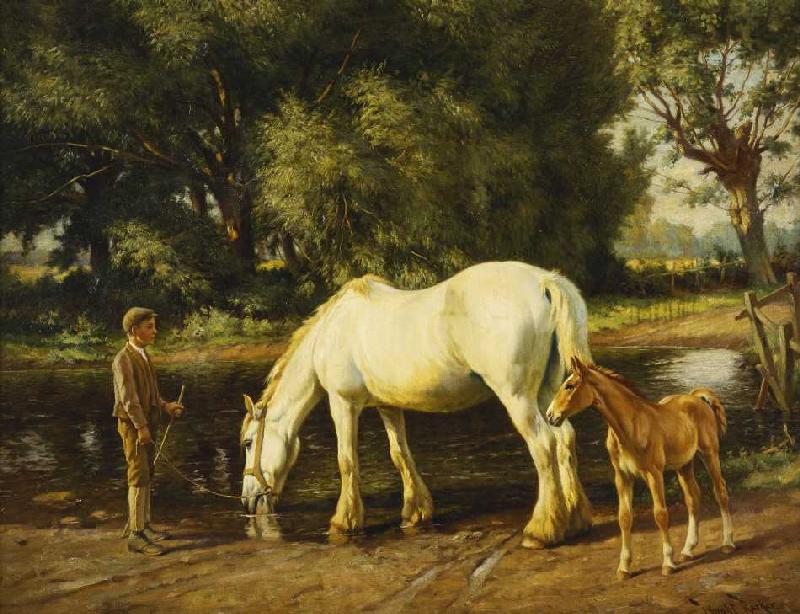 Eine Stute mit ihrem Fohlen an einer Furt. von Wright Barker