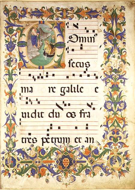 Missal 515 f.1r Page of choral music with an historiated initial 'O' depicting The Calling of St. Pe von Zanobi di Benedetto Strozzi